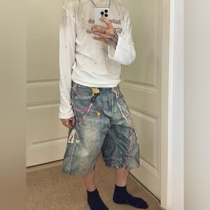 A Acne style trompe Judda TLO Kawaii keychains denim Shorts 34 l'oeil printed